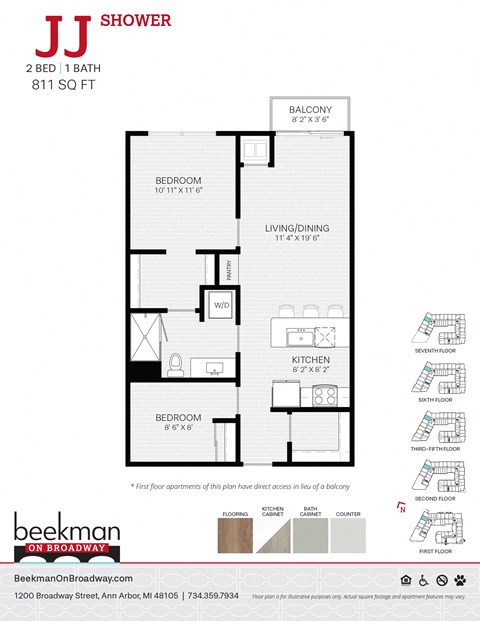 2 bed 1 bath a floor plan of a bedroom apartment at Beekman on Broadway, Ann Arbor, MI, 48105